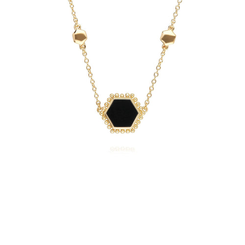 Black Onyx Flat Slice Hex Necklace in Gold Plated Sterling Silver