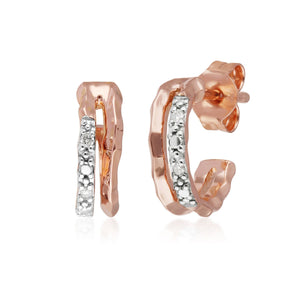 Diamond Pavé Double Hammered Mini Hoop Earrings in 9ct Rose Gold