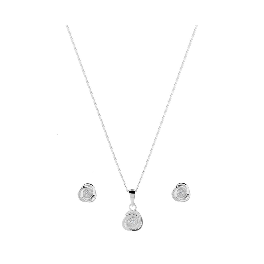 Sterling Silver Diamond Knot Pendant Earrings Set