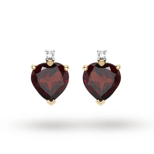 9ct Yellow Gold Heart Garnet And Diamond Stud Earrings