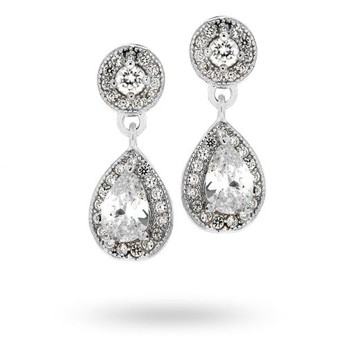 Silver Cubic Zirconia Drop Pear Halo Stud Earrings