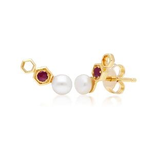 Modern Pearl & Ruby Ear Climber Studs in 9ct Yellow Gold