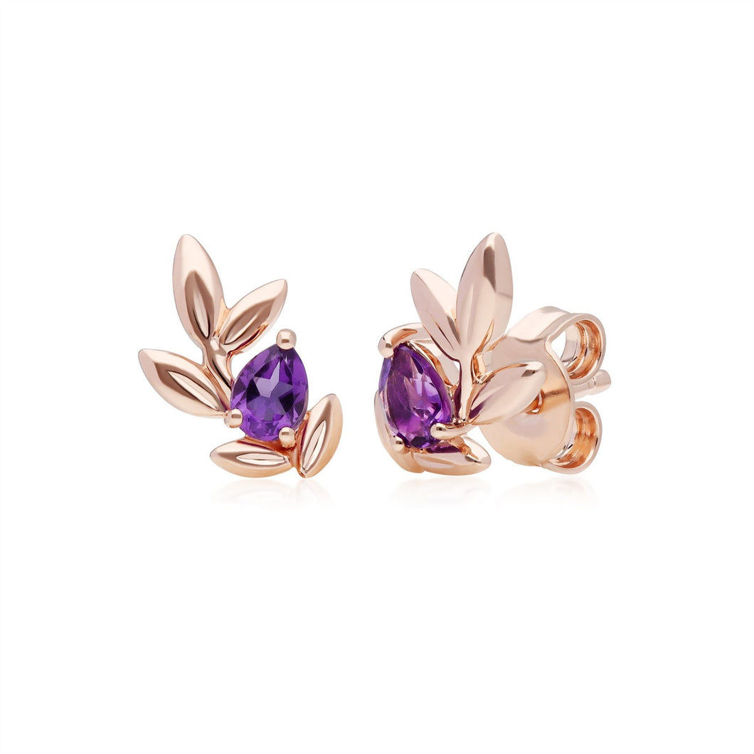 O Leaf Amethyst Stud Earrings in 9ct Rose Gold