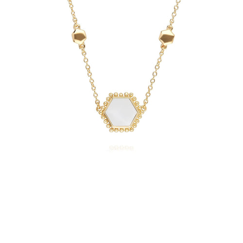 Mother of Pearl Flat Slice Hex Necklace in Gold Plated Sterling Silver