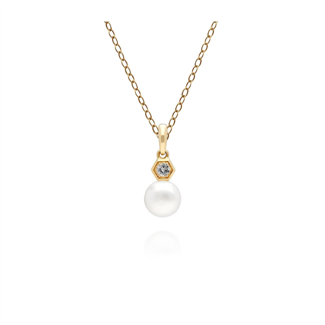 Modern Pearl & White Topaz Pendant in 9ct Yellow Gold