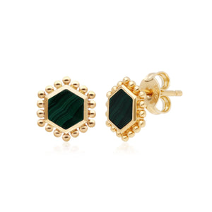 Malachite Flat Slice Stud Earrings in Gold Plated Sterling Silver