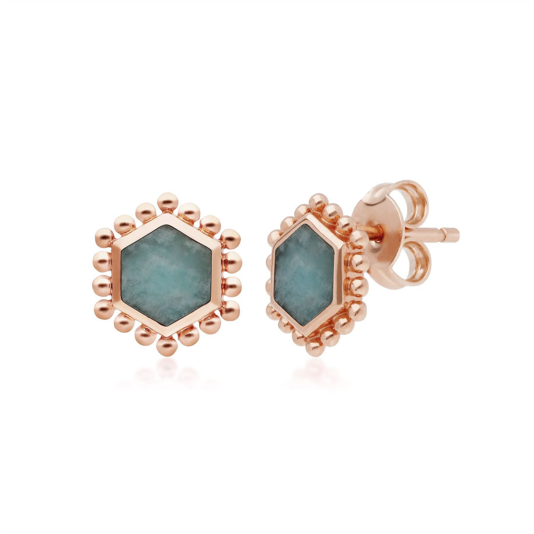 Amazonite Flat Slice Hex Stud Earrings in Rose Gold Plated Sterling Silver