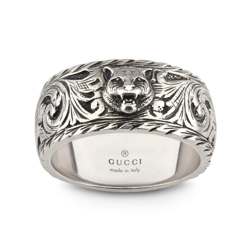 Gucci Gatto Thin Silver 10mm Ring with Feline Head - Ring Size P