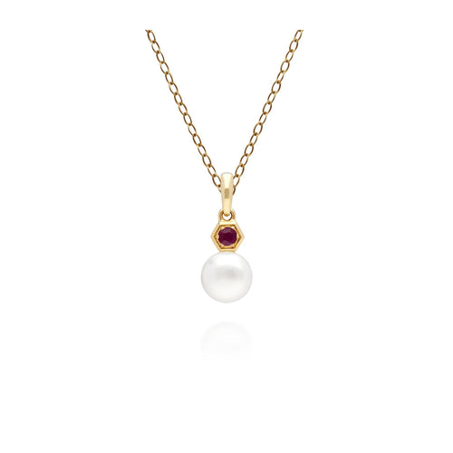 Modern Pearl & Ruby Pendant in 9ct Yellow Gold