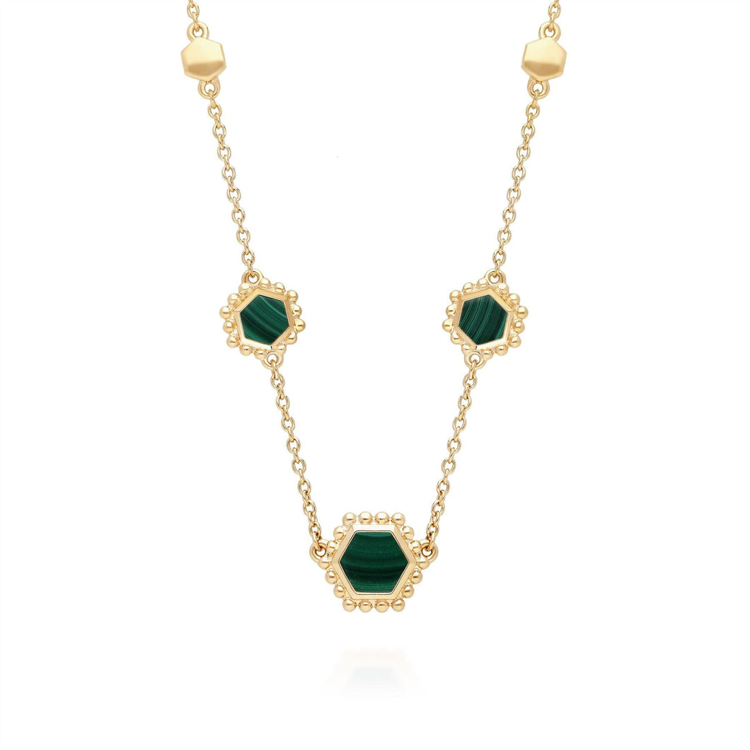 Malachite Flat Slice Hex Chain Necklace in Gold Plated Sterling Silver