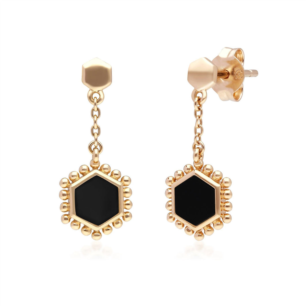 Black Onyx Flat Slice Hex Drop Earrings in Gold Plated Sterling Silver