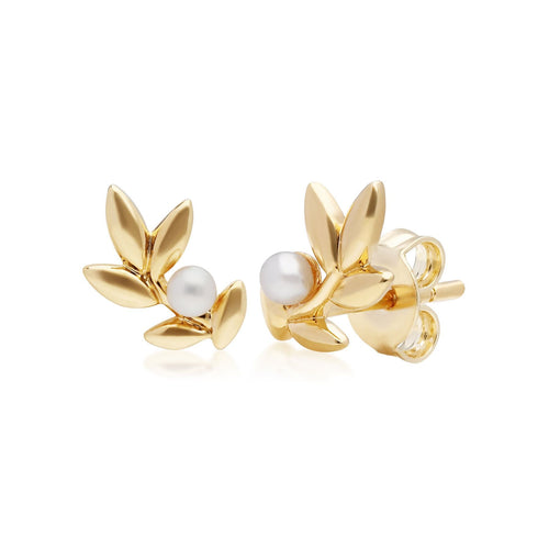 O Leaf Pearl Stud Earrings in Gold Plated Sterling Silver