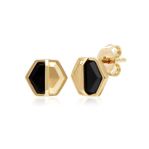 Micro Statement Onyx Hexagon Stud Earrings in Gold Plated Sterling Silver