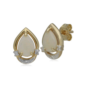 Gemondo 9ct Yellow Gold 0.77ct Opal Cabochon & 2.8pt Diamond Pear Stud Earrings