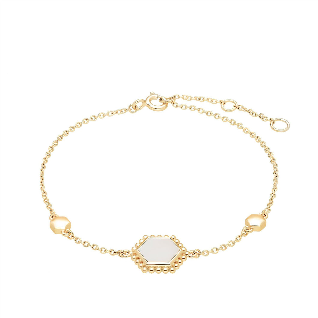 Mother of Pearl Flat Slice Hex Bracelet in Gold Plated Sterling Silver