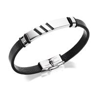 Inspirit Stainless Steel Black Leather Pattern ID Bracelet - 8.5in - A3566