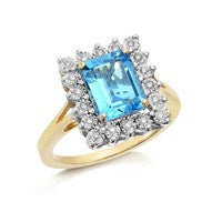 9ct Gold Blue Topaz And Diamond Cluster Ring - 10pts - D8420-Q