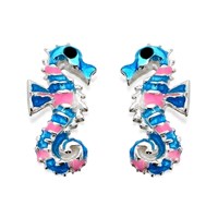 Silver Pink And Blue Seahorse Earrings - 10mm - F0409