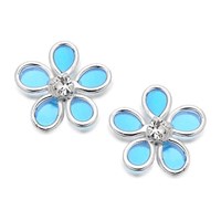 Silver Light Blue Resin And Crystal Flower Earrings - 8mm - F0464