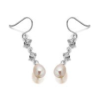 Silver Cubic Zirconia And Freshwater Pearl Hook Wire Drop Earrings - 30mm - F0776
