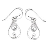 Silver Cubic Zirconia Pear Drop Swirl Hook Wire Earrings - 26mm drop - F0818