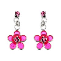 Silver Pink Crystal Flower Drop Earrings - 15mm drop - F1134