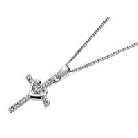 Silver Cubic Zirconia Cross Heart And Chain - F3617