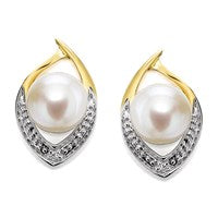 9ct Gold Two Colour Freshwater Pearl And Diamond Stud Earrings - 13mm - G0606