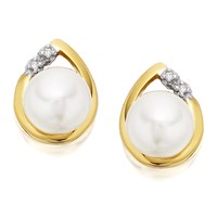 9ct Gold Freshwater Pearl And Diamond Earrings - 9mm - G0615
