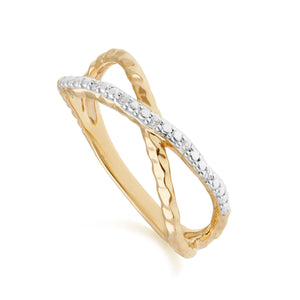 Diamond Pavé Hammered Crossover Ring in 9ct Yellow Gold