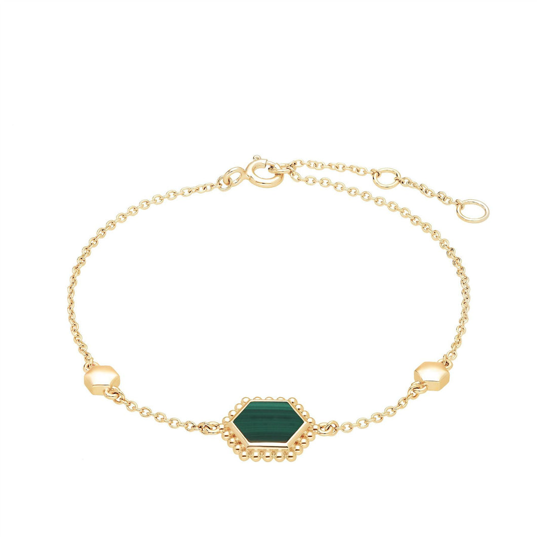 Malachite Flat Slice Hex Bracelet in Gold Plated Sterling Silver