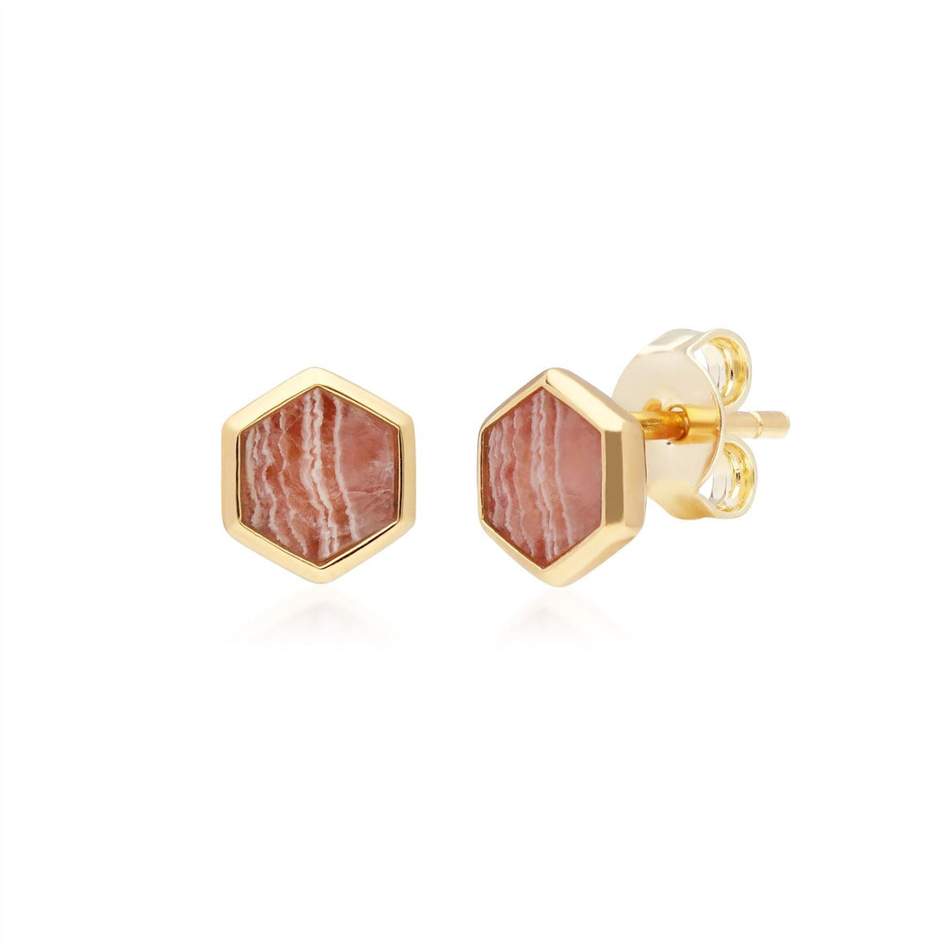 Micro Statement Rhodochrosite Hexagon Stud Earrings in Gold Plated Sterling Silver