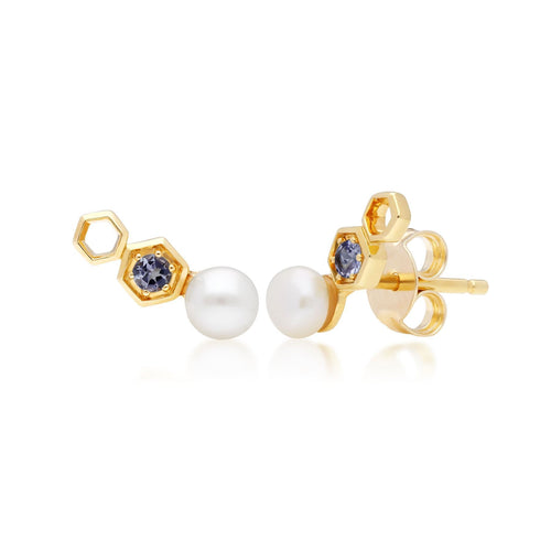 Modern Pearl & Tanzanite Ear Climber Studs in 9ct Yellow Gold