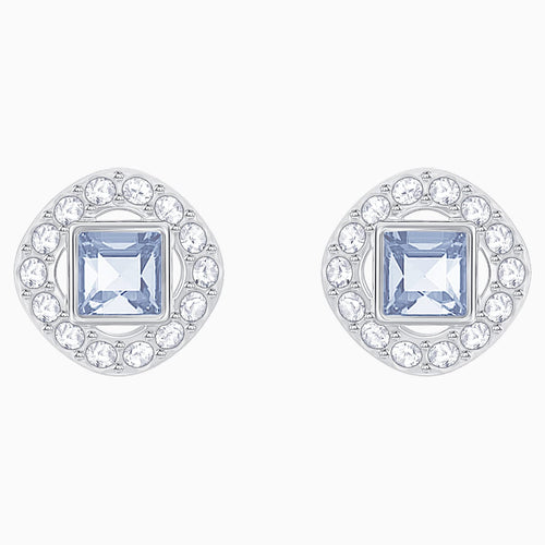 Angelic Square Pierced Earrings, Blue, Rhodium plated