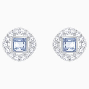 Angelic Square Pierced Earrings, Blue, Rhodium plated