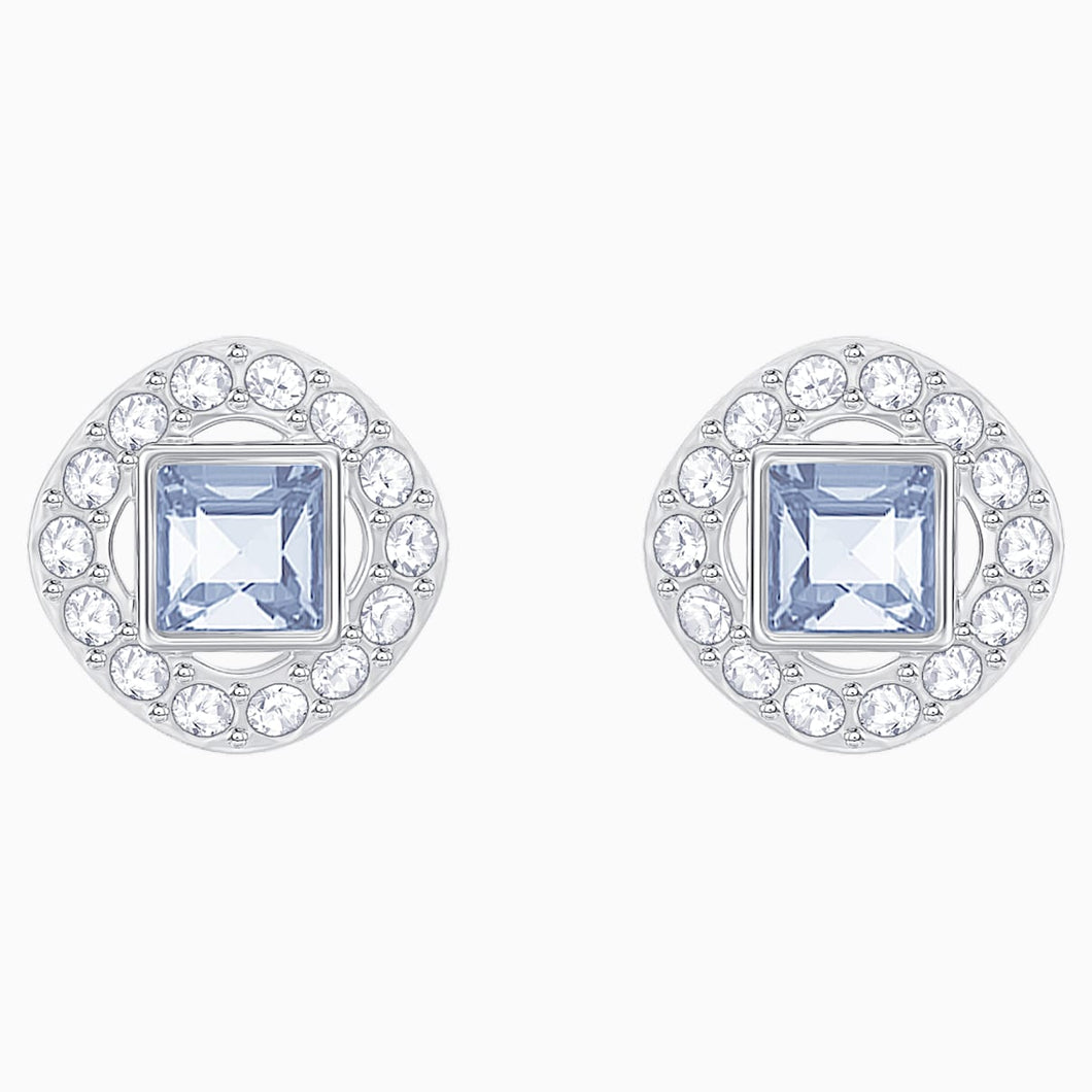 Angelic Square Pierced Earrings, Blue, Rhodium plated