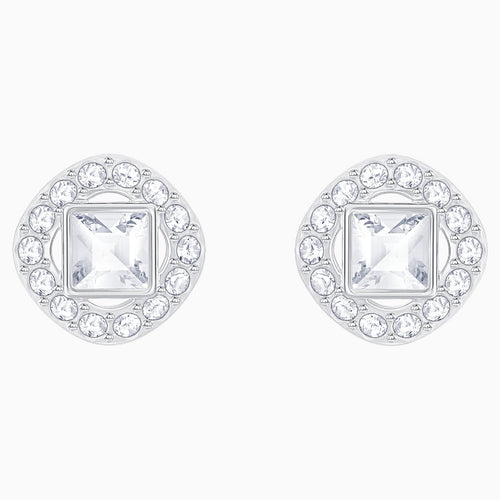 Angelic Square Pierced Earrings, White, Rhodium plated