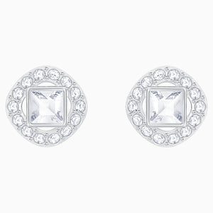 Angelic Square Pierced Earrings, White, Rhodium plated