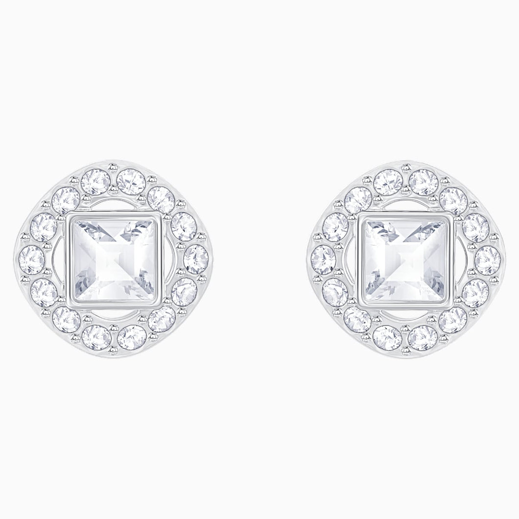 Angelic Square Pierced Earrings, White, Rhodium plated