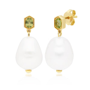 Modern Baroque Pearl & Peridot Drop Earrings in Gold Plated 925 Sterling Silver