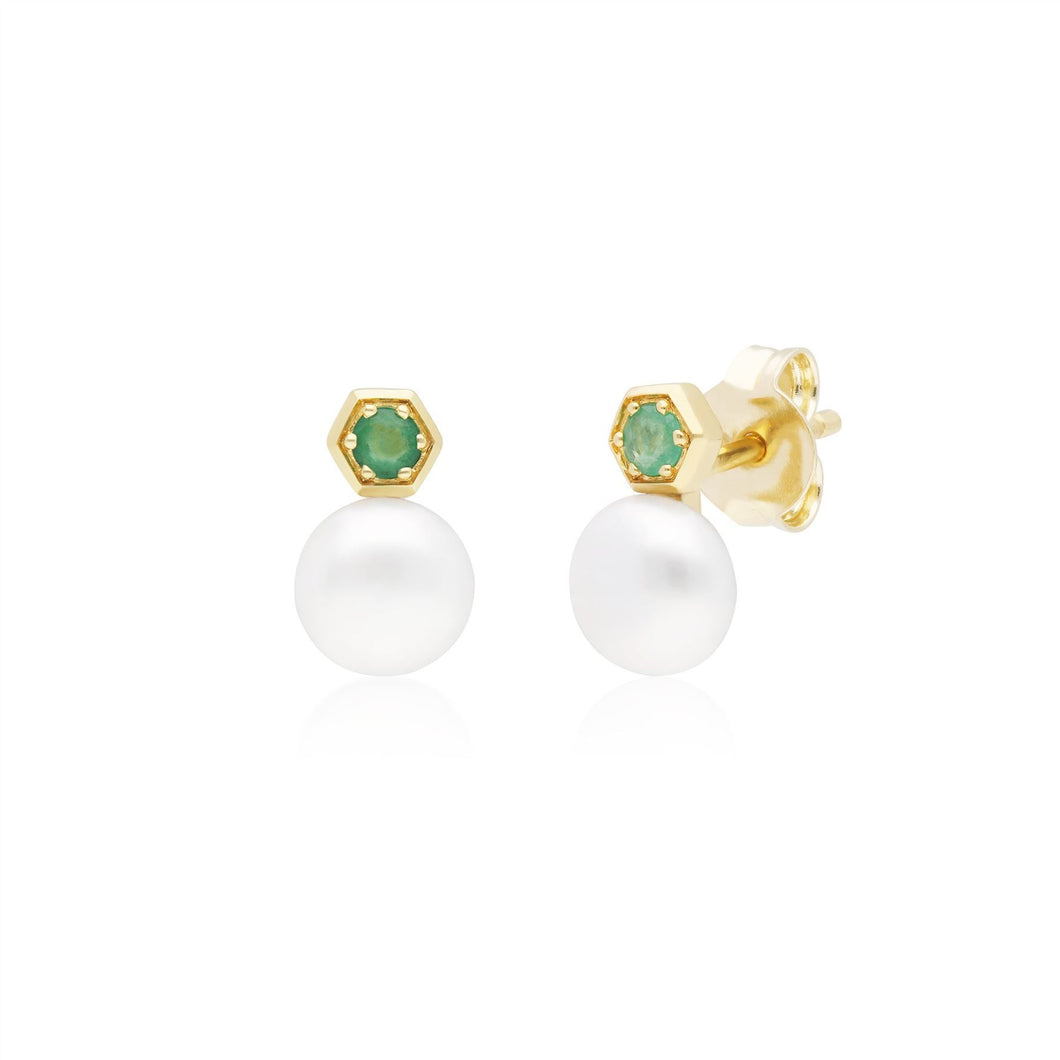 Modern Pearl & Emerald Stud Earrings in 9ct Yellow Gold