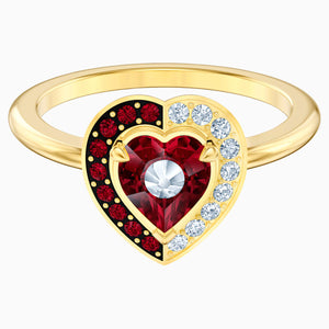 Black Baroque Motif Ring, Red, Gold-tone plated