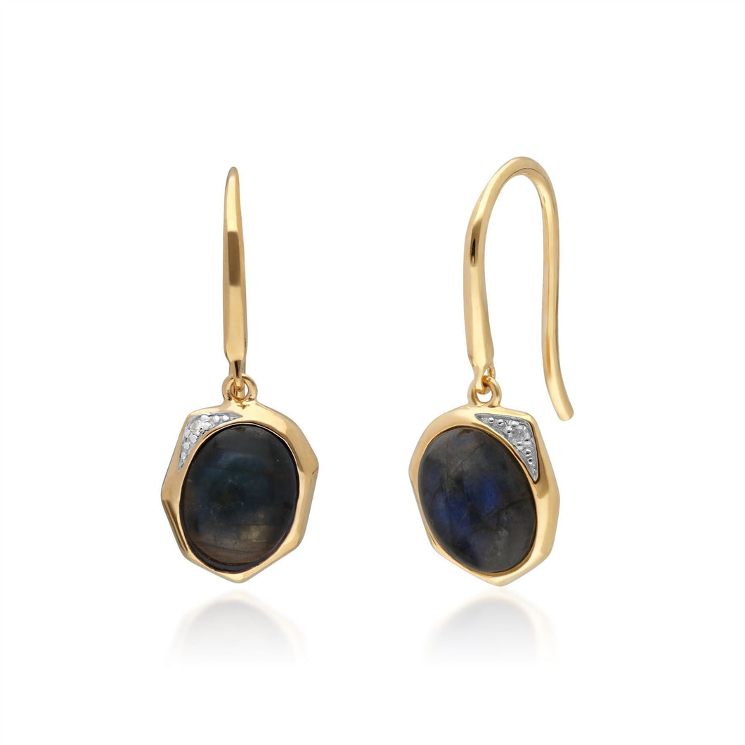 Irregular B Gem Labradorite & Diamond Drop Earrings in Gold Plated Sterling Silver