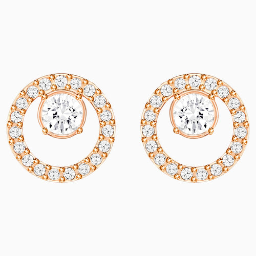 Creativity Circle Pierced Earrings, White, Rose-gold tone plated