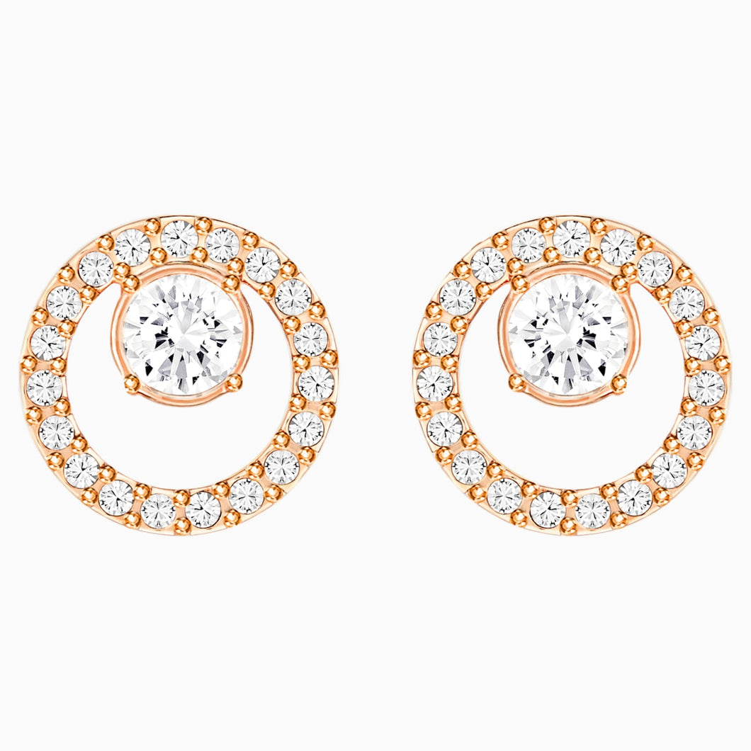 Creativity Circle Pierced Earrings, White, Rose-gold tone plated