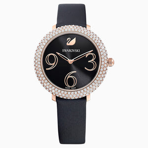 Crystal Frost Watch, Leather strap, Black, Rose-gold tone PVD