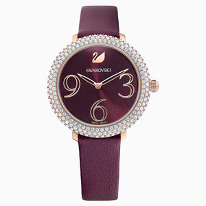 Crystal Frost Watch, Leather strap, Dark red, Rose-gold tone PVD
