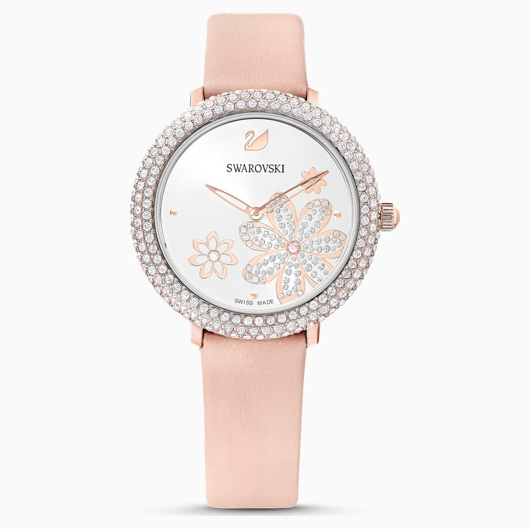 Crystal Frost Watch, Leather strap, Pink, Rose-gold tone PVD