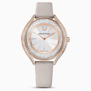 Crystalline Aura Watch, Leather strap, Grey, Rose-gold tone PVD