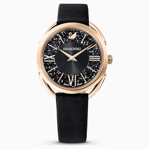 Crystalline Glam Watch, Leather strap, Black, Rose-gold tone PVD